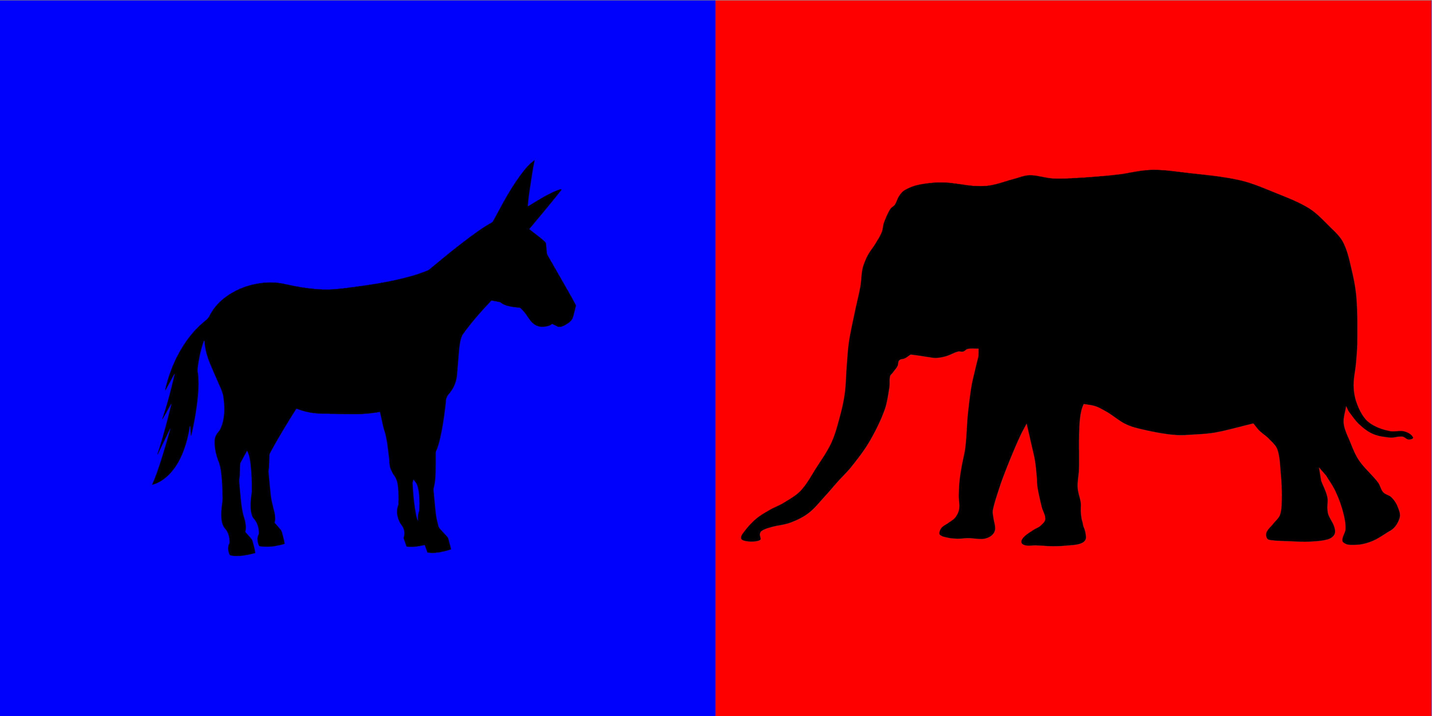 A donkey on the left amongst a blue background with an elephant on the right amongst a red background to emphasize America's political division.